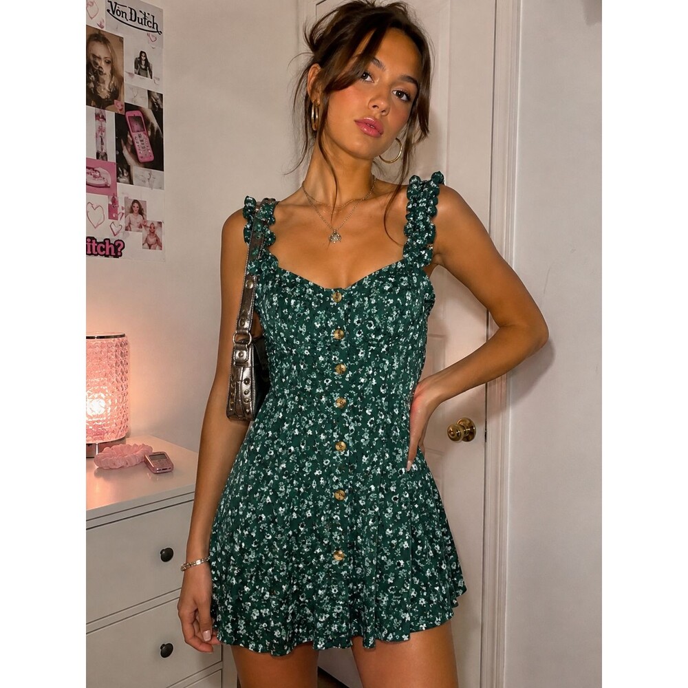 No Boundaries Dress Women’s X-Large Green Smocked Floral Mini Sleeveless